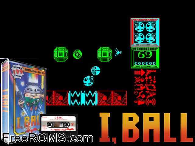 I-Ball (UK) (1988) [a1] Amstrad CPC game showing 3D box cover and gameplay screenshot